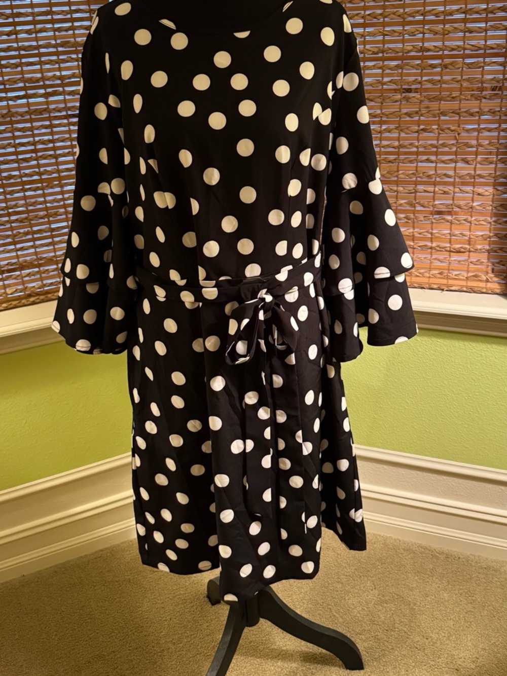 SHEIN Black and White Polka Dot Tie-Waist Long Sleeve Dress